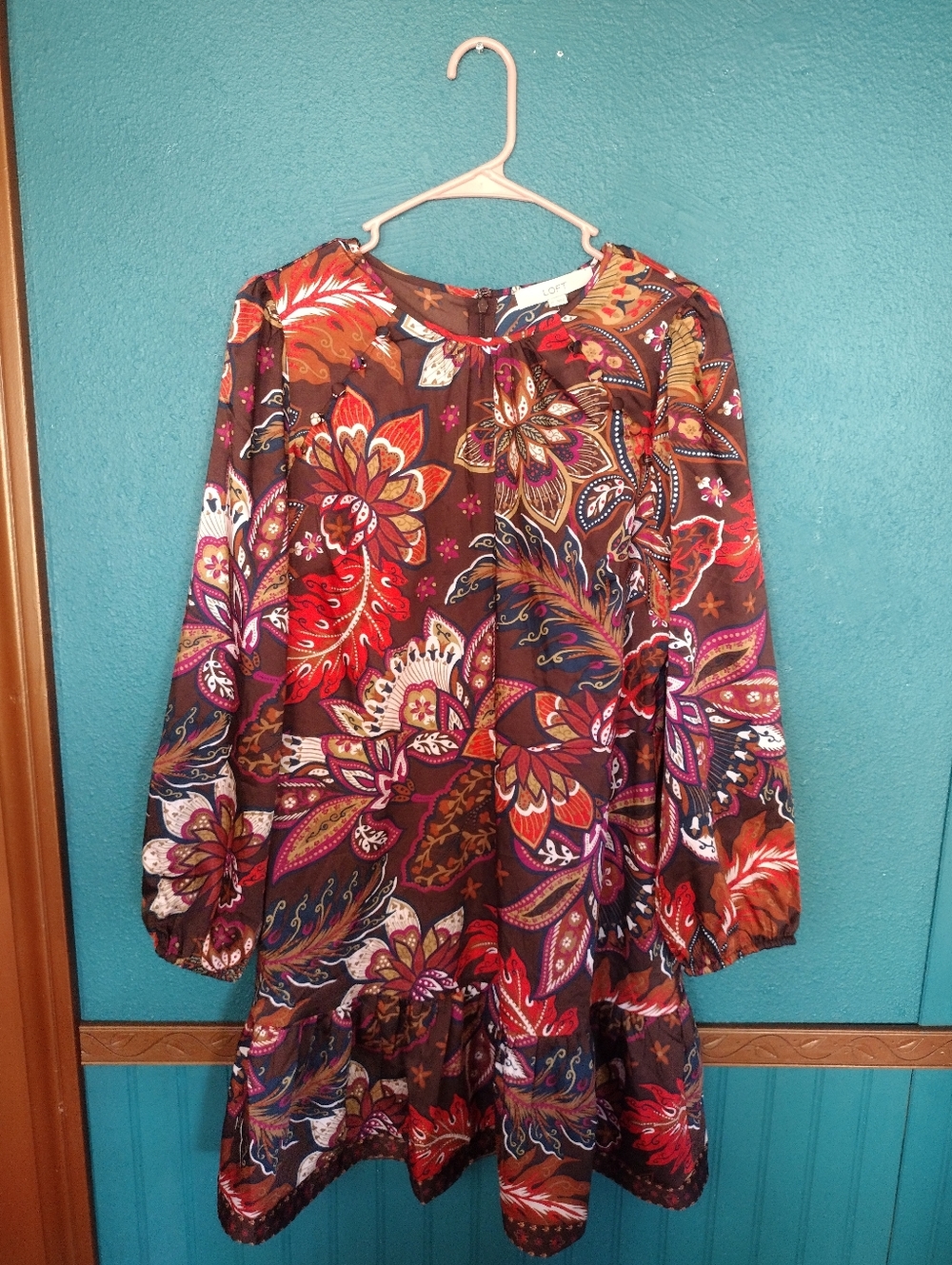 LOFT Multi Color Brown Paisley Floral Long-Sleeve Dress